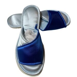 Vintage Satin Blue White Slip on Peep Toe Bedroom House Slipper Size S 5-6 NOS